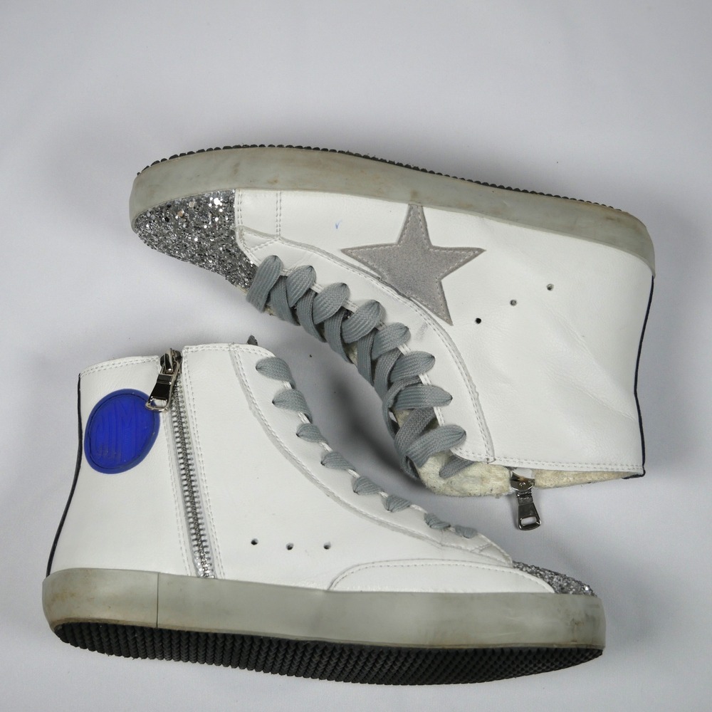 Golden Goose Francy Hightop Sneakers White Leather Silver Glitter Star Zip Women - Picture 10 of 12